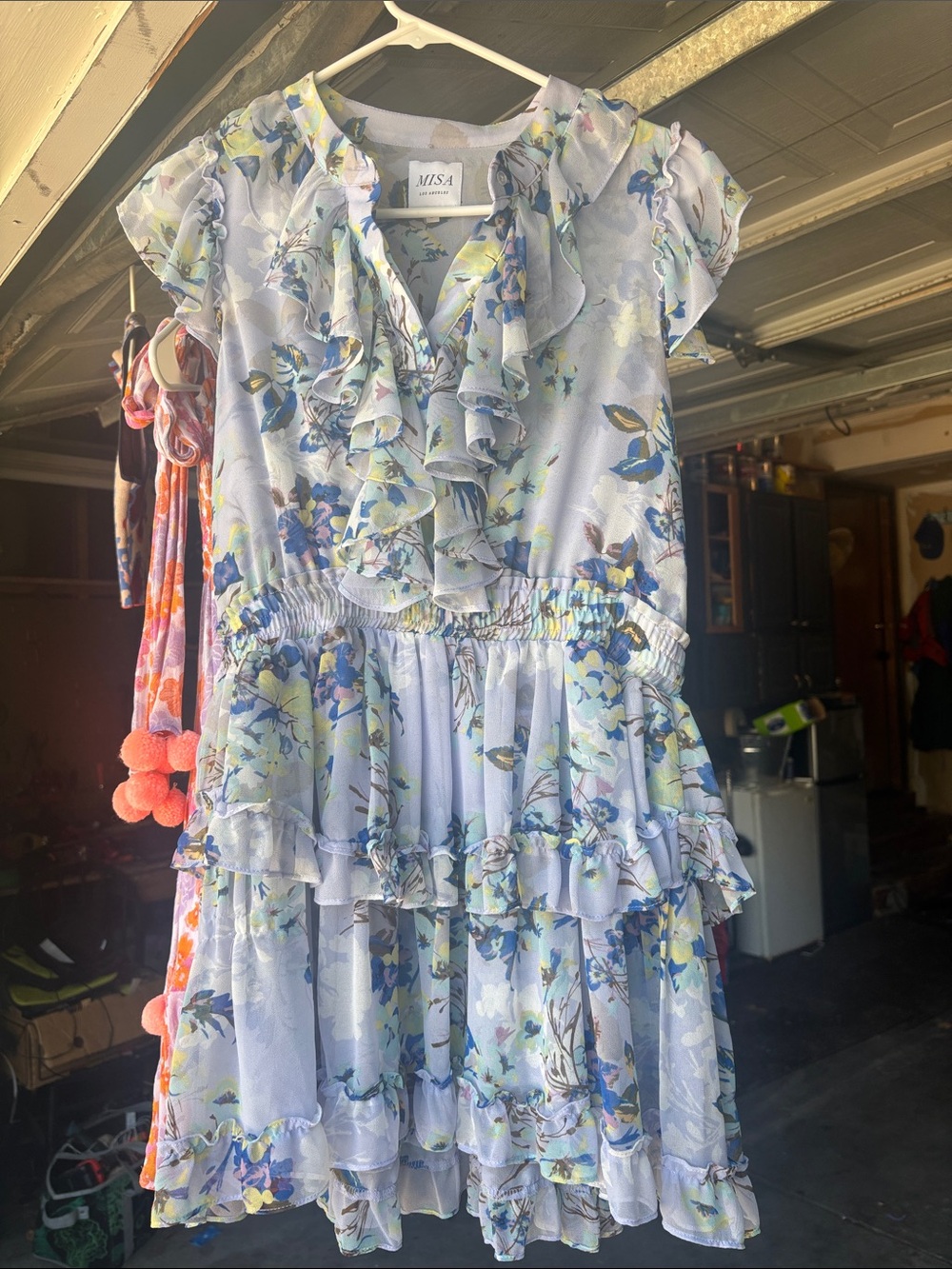 Misa Los Angeles Light Blue Floral Ruffle Tiered Dress